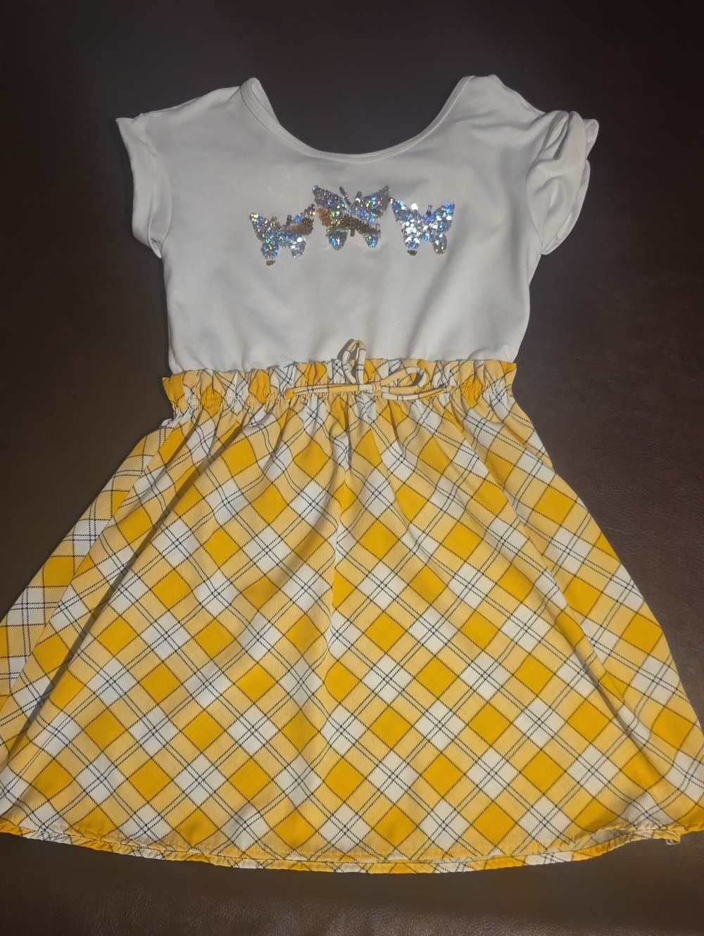 Lily Bleu White Top with Yellow Plaid Skirt and Sequin Butterflies